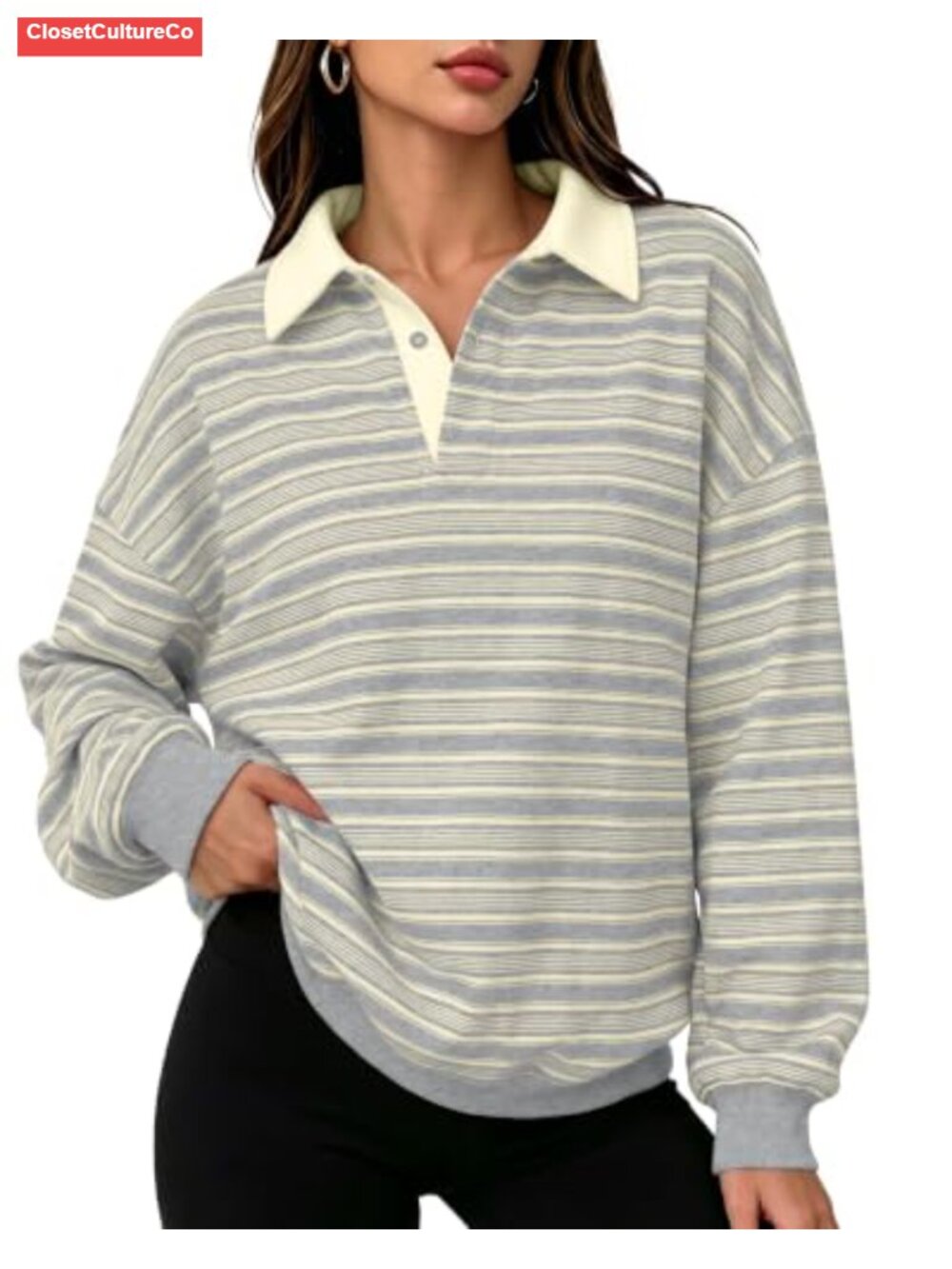 Oversized Striped Cotton-Poly Polo Sweatshirt Drop Shoulder Button Collar
